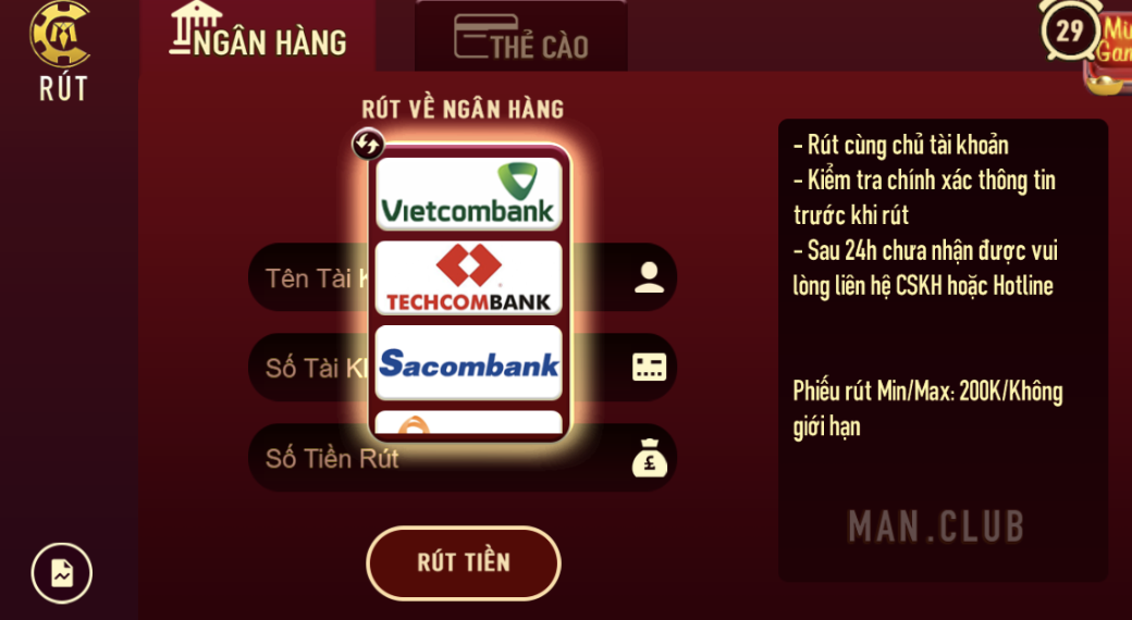 Quy trình rút tiền game đổi thưởng Manvip có dễ không?