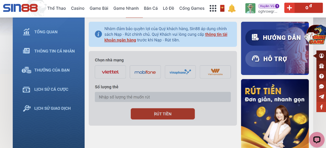 Những lưu ý trong quá trình rút tiền tại Sin88