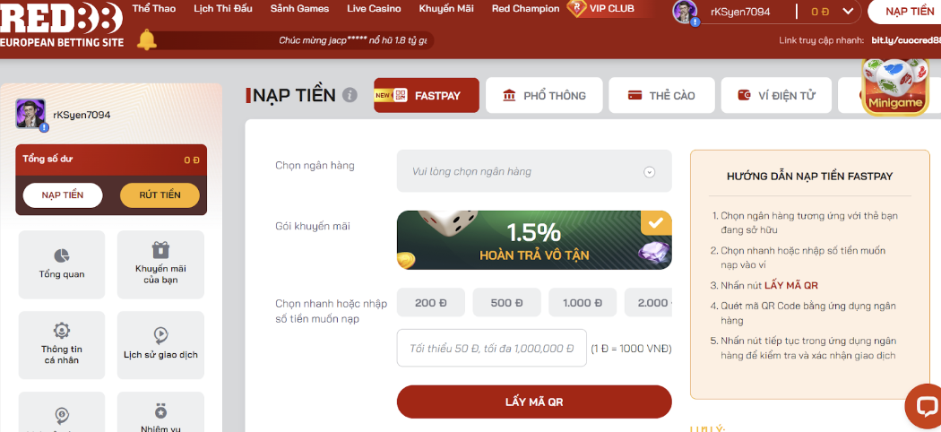 Phương thức thanh toán khi tiến hành nạp tiền Red88