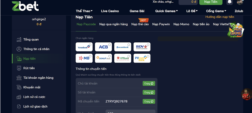 Những phương thức thanh toán nạp tiền tiêu biểu tại ZBET