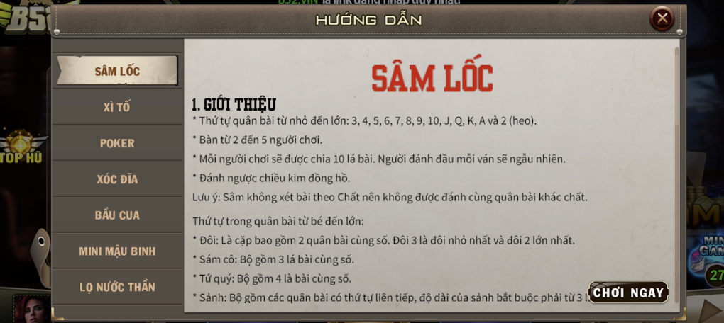 Tìm hiểu luật chơi tựa game bài đình đám Sâm tại B52